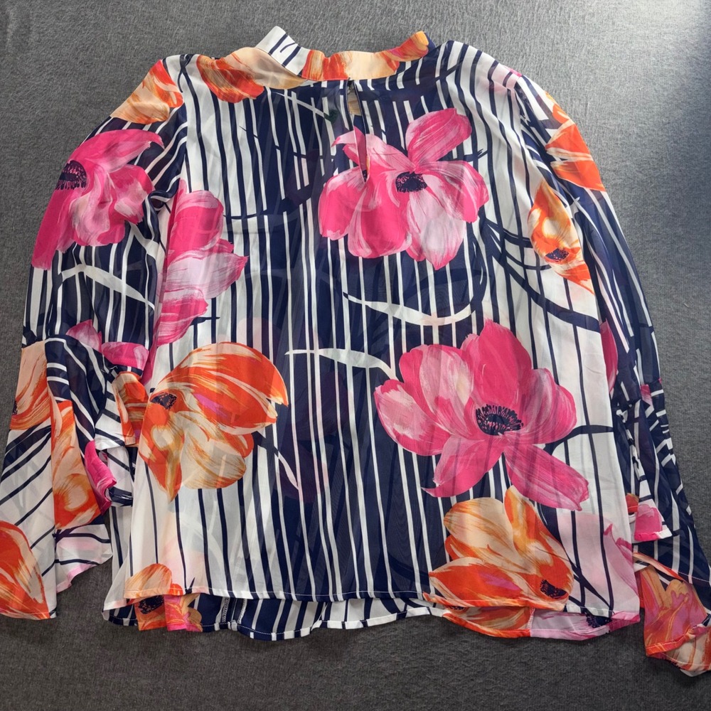Ashley Stewart Floral Stripe Mock Neck Blouse Pink sheer Plus Size 22/24